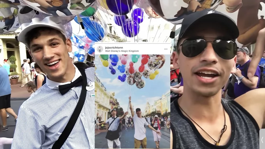 JoJo Crichton with balloon seller Tyler on Main Street in Magic Kingdom