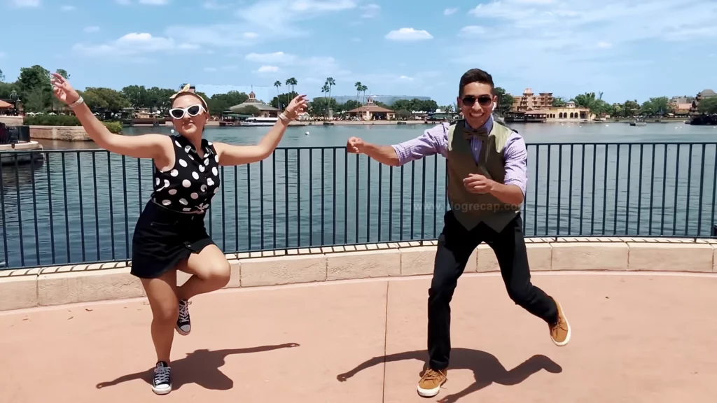 Annika of Annika's Paintbrush and JoJo Crichton dancing at Epcot during Dapper Day