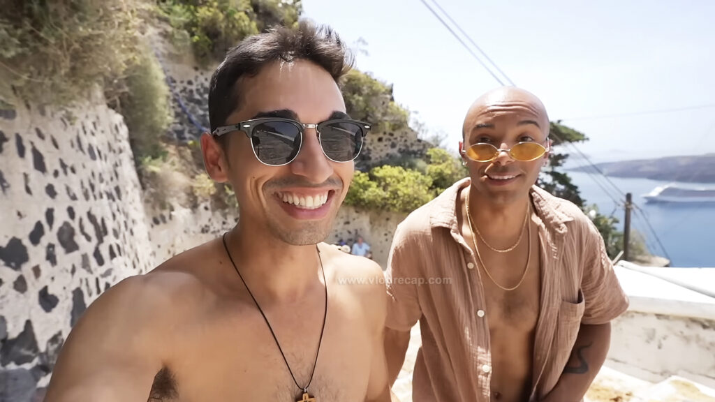 JoJo Crichton shirtless with Jete on the donkey path on Santorini Greece