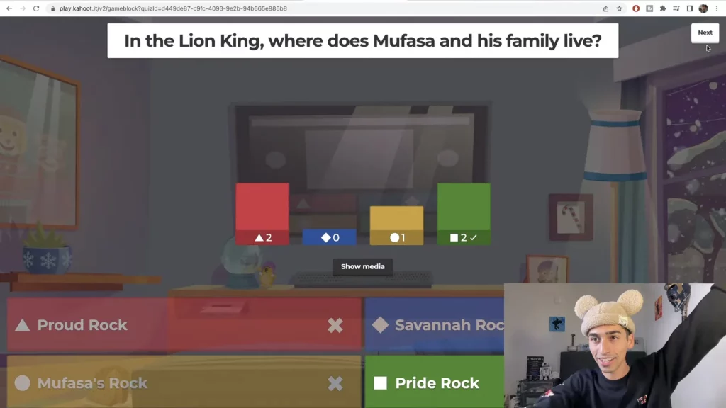 JoJo Crichton playing Disney trivia during livestream using Kahoot