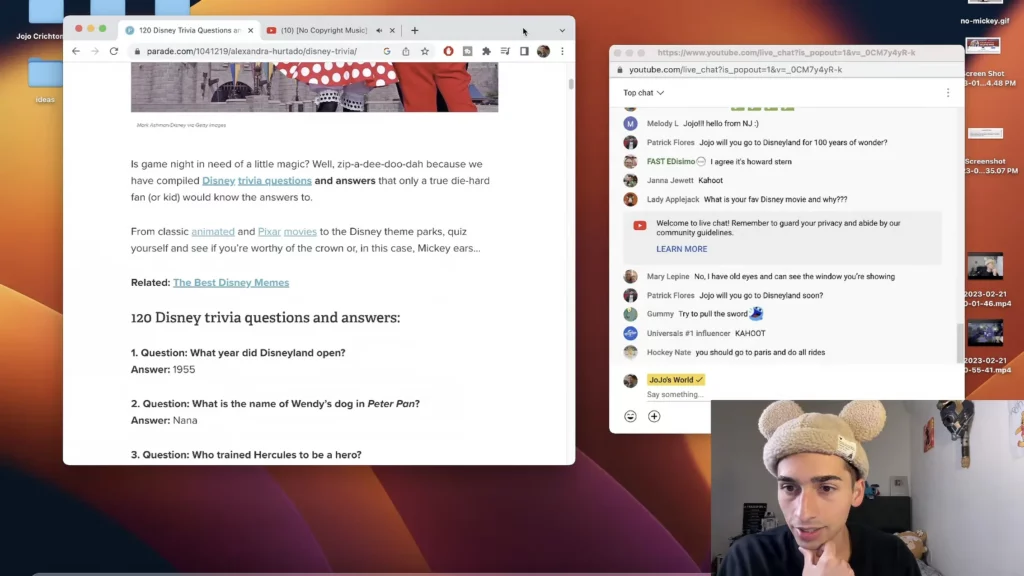 JoJo Crichton asking Disney trivia questions during livestream