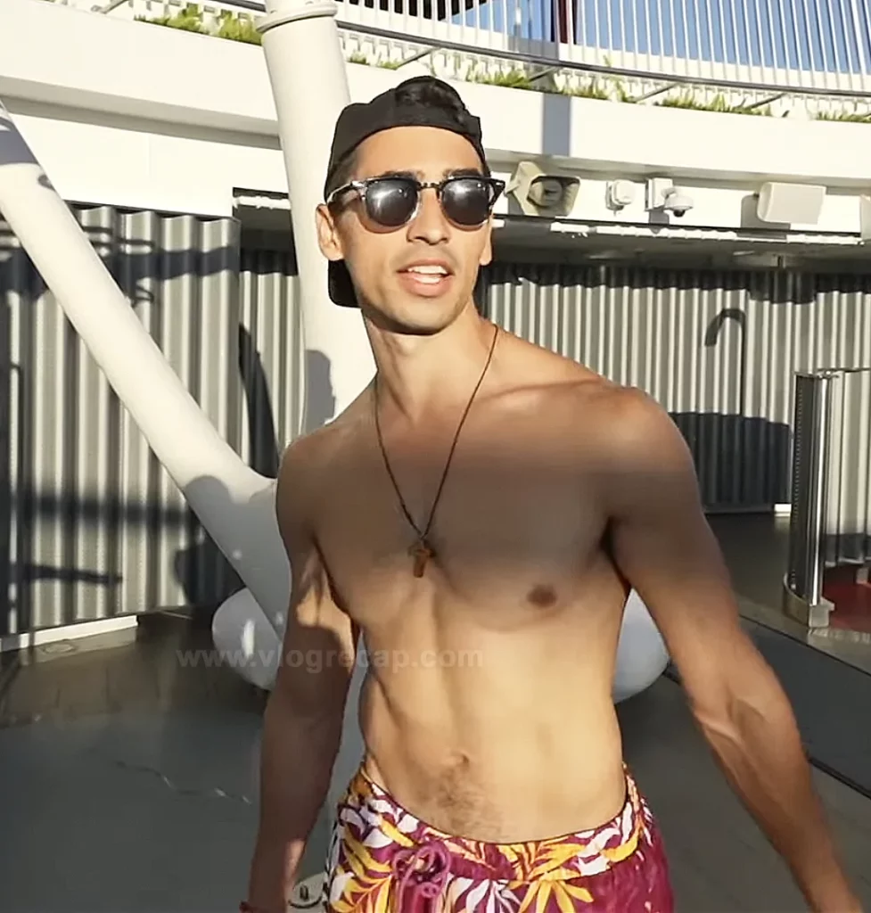 JoJo Crichton shirtless working out on board the Valiant Lady cruise ship