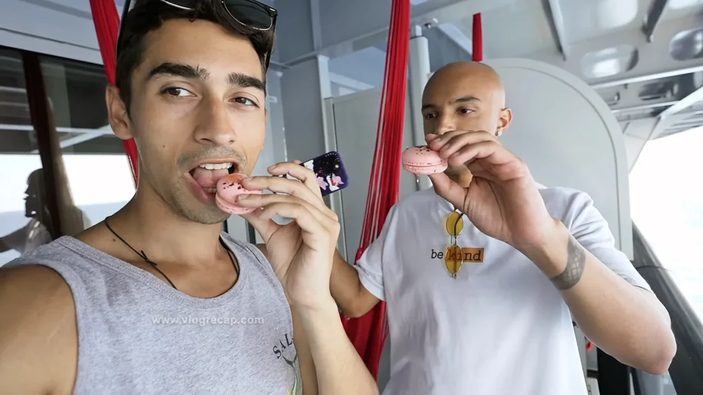 JoJo Crichton and Jason Jete Jeter eating macarons on Valiant Lady