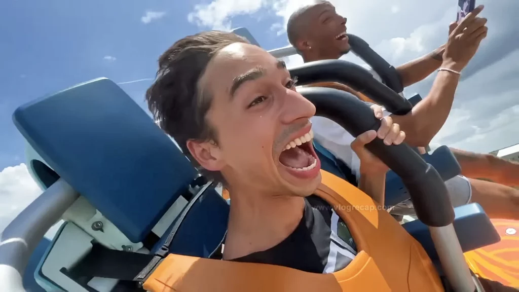 JoJo Crichton and Jete on Pipeline roller coaster at SeaWorld