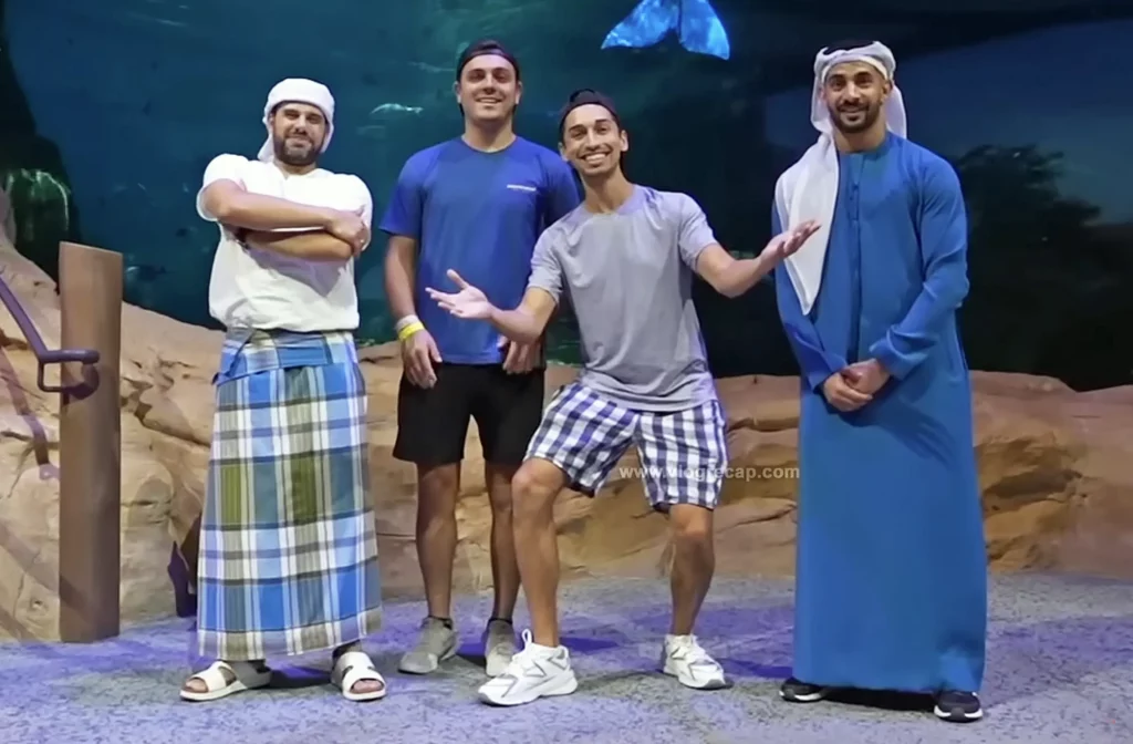 Jake Mullin and JoJo Crichton with Fisherman and the Mermaid storytellers at Sea World Abu Dhabi