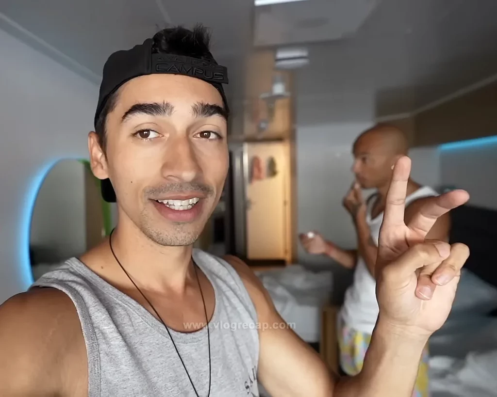 JoJo Crichton and Jete (Jason Jeter, aka showmelovejete) in their cabin on Virgin Voyages' Valiant Lady