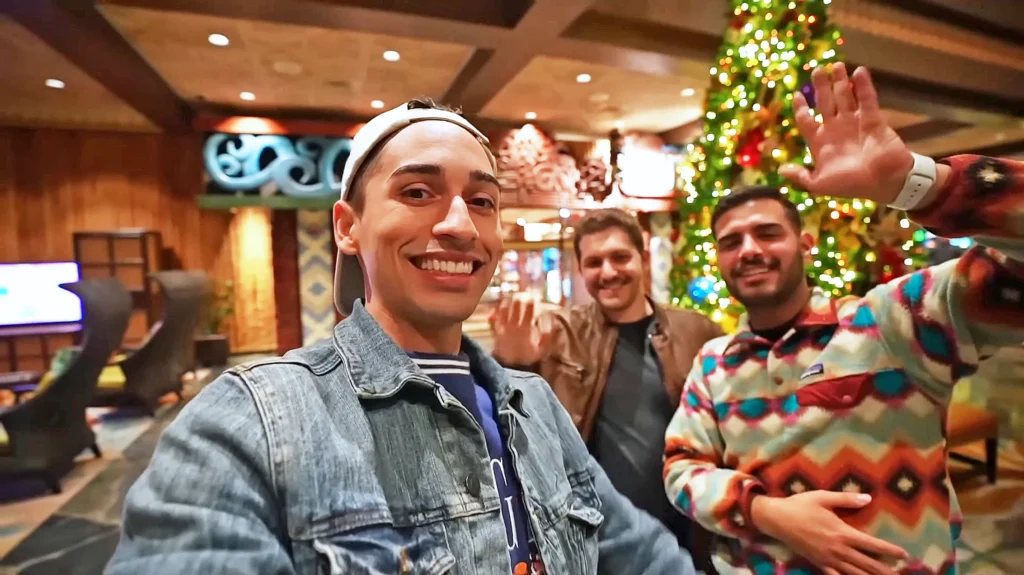 JoJo Crichton, Matt Alter, Kevin Mendez finishing monorail crawl at Polynesian Resort at Walt Disney World