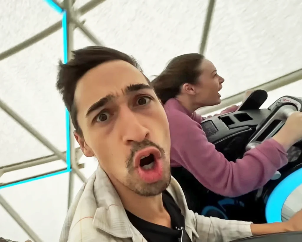 JoJo Crichton on one of the fastest three rides at Walt Disney World, Tron Lightcycle Run at Magic Kingdom
